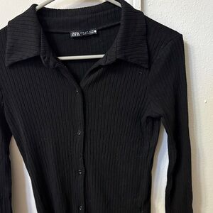 Zara Black Ribbed Button-Down Collared Top